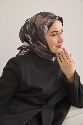 Twill İpek Eşarp Çiçek Desen Antrasit 90x90 - Twill İpek Eşarp - | Silk Home