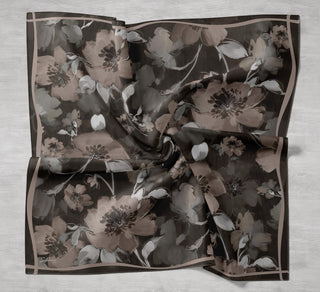 Twill İpek Eşarp Çiçek Desen Antrasit 90x90 - Twill İpek Eşarp - | Silk Home