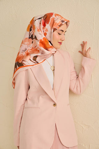 Twill İpek Eşarp Çiçek Desen Pudra 90x90 - Twill İpek Eşarp - | Silk Home