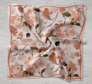 Twill İpek Eşarp Çiçek Desen Pudra 90x90 - Twill İpek Eşarp - | Silk Home