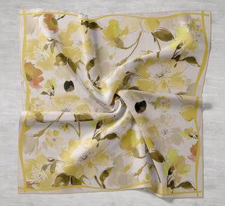 Twill İpek Eşarp Çiçek Desen Kırık Beyaz 90x90 - Twill İpek Eşarp - | Silk Home