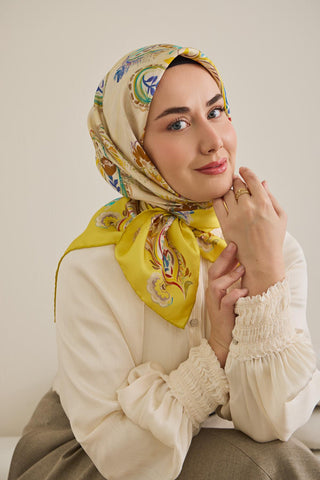 Twill İpek Eşarp Şal Desen Sarı 90x90 - Twill İpek Eşarp - | Silk Home