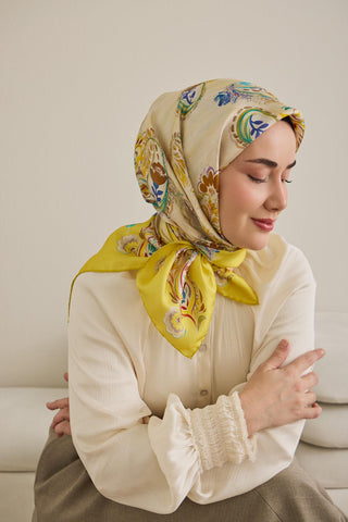 Twill İpek Eşarp Şal Desen Sarı 90x90 - Twill İpek Eşarp - | Silk Home
