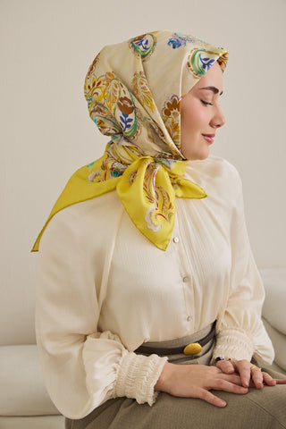 Twill İpek Eşarp Şal Desen Sarı 90x90 - Twill İpek Eşarp - | Silk Home