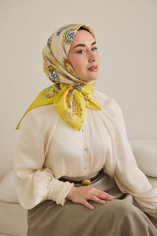 Twill İpek Eşarp Şal Desen Sarı 90x90 - Twill İpek Eşarp - | Silk Home