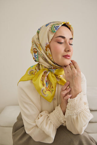 Twill İpek Eşarp Şal Desen Sarı 90x90 - Twill İpek Eşarp - | Silk Home