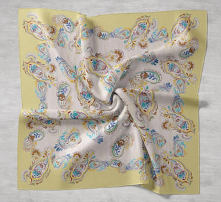 Twill İpek Eşarp Şal Desen Sarı 90x90 - Twill İpek Eşarp - | Silk Home