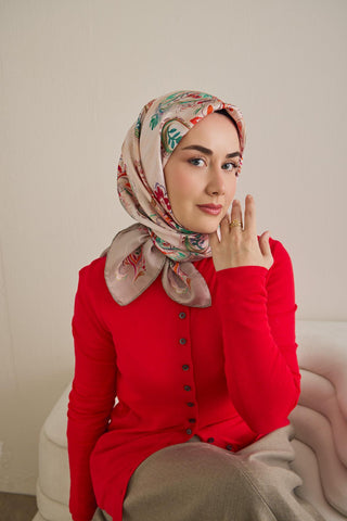 Twill İpek Eşarp Şal Desen Uçuk Gri 90x90 - Twill İpek Eşarp - | Silk Home