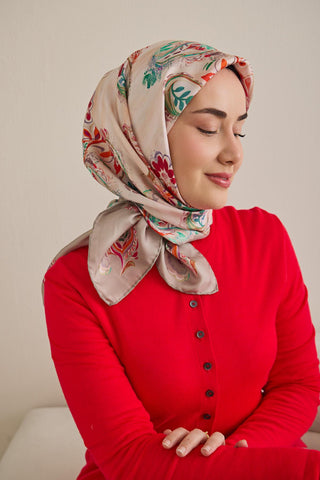 Twill İpek Eşarp Şal Desen Uçuk Gri 90x90 - Twill İpek Eşarp - | Silk Home