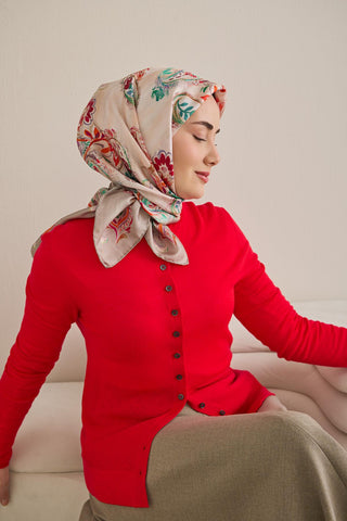 Twill İpek Eşarp Şal Desen Uçuk Gri 90x90 - Twill İpek Eşarp - | Silk Home