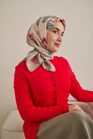 Twill İpek Eşarp Şal Desen Uçuk Gri 90x90 - Twill İpek Eşarp - | Silk Home