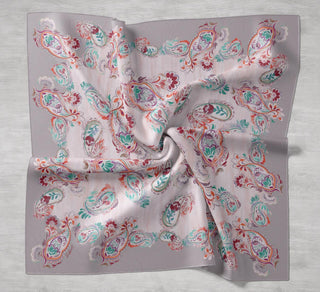 Twill İpek Eşarp Şal Desen Uçuk Gri 90x90 - Twill İpek Eşarp - | Silk Home