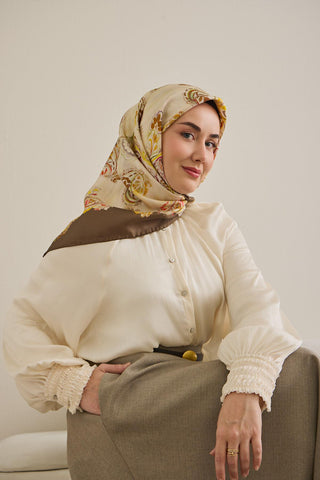 Twill İpek Eşarp Şal Desen Butter Yellow 90x90 - Twill İpek Eşarp - | Silk Home