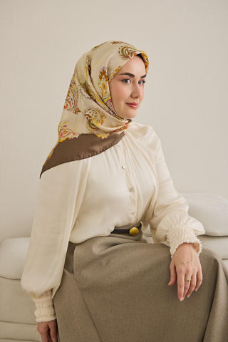 Twill İpek Eşarp Şal Desen Butter Yellow 90x90 - Twill İpek Eşarp - | Silk Home
