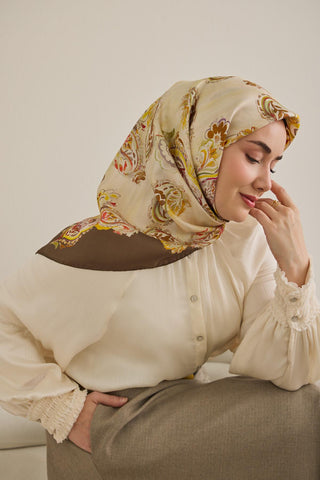 Twill İpek Eşarp Şal Desen Butter Yellow 90x90 - Twill İpek Eşarp - | Silk Home