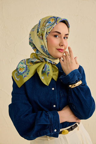 Twill İpek Eşarp Şal Desen Yeşil 90x90 - Twill İpek Eşarp - | Silk Home