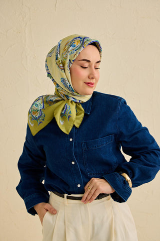 Twill İpek Eşarp Şal Desen Yeşil 90x90 - Twill İpek Eşarp - | Silk Home