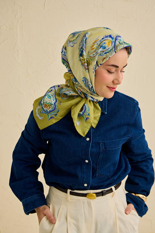 Twill İpek Eşarp Şal Desen Yeşil 90x90 - Twill İpek Eşarp - | Silk Home