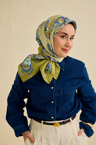 Twill İpek Eşarp Şal Desen Yeşil 90x90 - Twill İpek Eşarp - | Silk Home