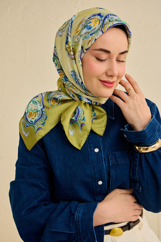 Twill İpek Eşarp Şal Desen Yeşil 90x90 - Twill İpek Eşarp - | Silk Home