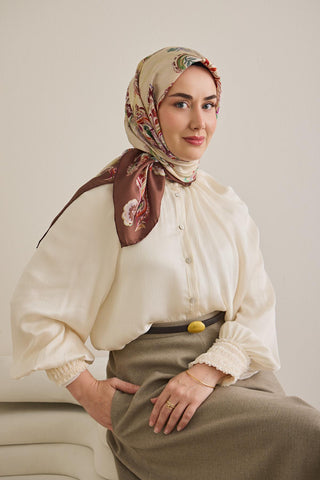 Twill İpek Eşarp Şal Desen Fildişi 90x90 - Twill İpek Eşarp - | Silk Home