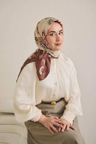 Twill İpek Eşarp Şal Desen Fildişi 90x90 - Twill İpek Eşarp - | Silk Home