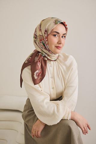 Twill İpek Eşarp Şal Desen Fildişi 90x90 - Twill İpek Eşarp - | Silk Home