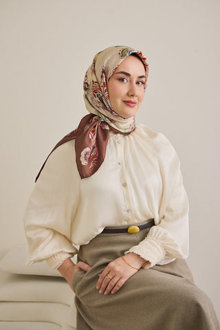 Twill İpek Eşarp Şal Desen Fildişi 90x90 - Twill İpek Eşarp - | Silk Home