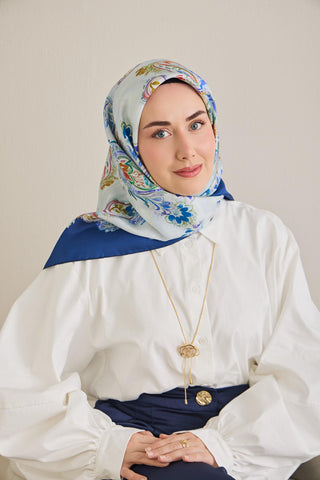 Twill İpek Eşarp Şal Desen Bebe Mavi 90x90 - Twill İpek Eşarp - | Silk Home