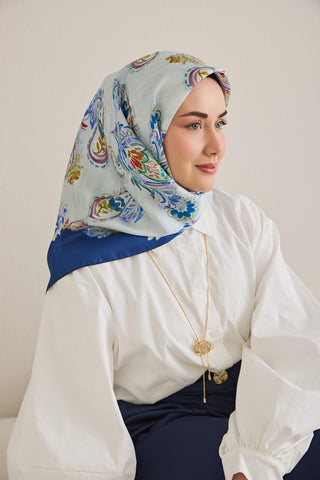 Twill İpek Eşarp Şal Desen Bebe Mavi 90x90 - Twill İpek Eşarp - | Silk Home