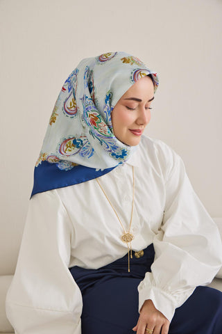 Twill İpek Eşarp Şal Desen Bebe Mavi 90x90 - Twill İpek Eşarp - | Silk Home