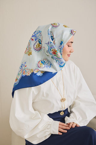 Twill İpek Eşarp Şal Desen Bebe Mavi 90x90 - Twill İpek Eşarp - | Silk Home