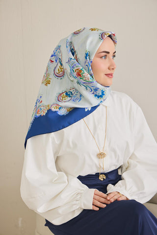 Twill İpek Eşarp Şal Desen Bebe Mavi 90x90 - Twill İpek Eşarp - | Silk Home