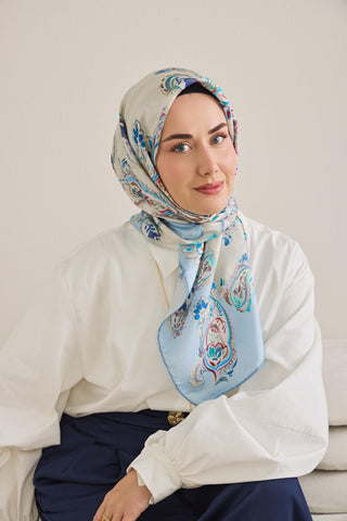 Twill İpek Eşarp Şal Desen Ekru 90x90 - Twill İpek Eşarp - | Silk Home