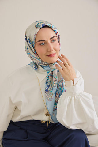 Twill İpek Eşarp Şal Desen Ekru 90x90 - Twill İpek Eşarp - | Silk Home