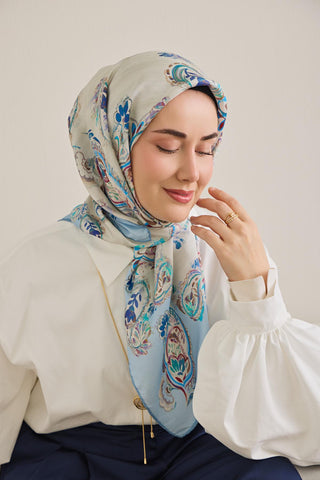 Twill İpek Eşarp Şal Desen Ekru 90x90 - Twill İpek Eşarp - | Silk Home