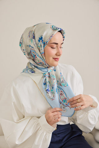 Twill İpek Eşarp Şal Desen Ekru 90x90 - Twill İpek Eşarp - | Silk Home