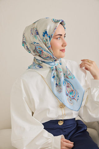 Twill İpek Eşarp Şal Desen Ekru 90x90 - Twill İpek Eşarp - | Silk Home