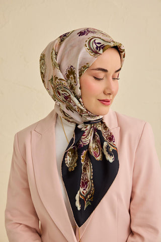 Twill İpek Eşarp Şal Desen Siyah 90x90 - Twill İpek Eşarp - | Silk Home