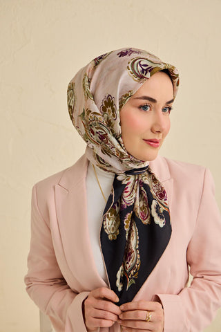 Twill İpek Eşarp Şal Desen Siyah 90x90 - Twill İpek Eşarp - | Silk Home