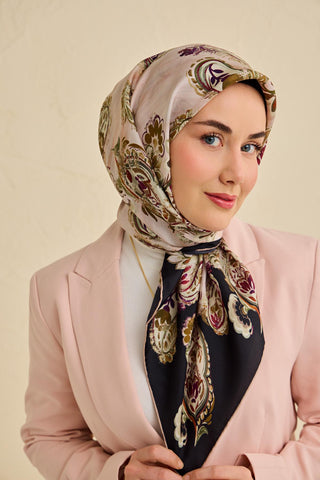 Twill İpek Eşarp Şal Desen Siyah 90x90 - Twill İpek Eşarp - | Silk Home