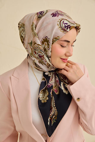 Twill İpek Eşarp Şal Desen Siyah 90x90 - Twill İpek Eşarp - | Silk Home