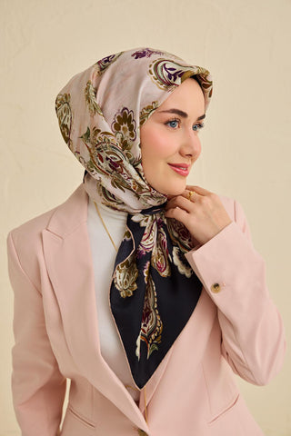 Twill İpek Eşarp Şal Desen Siyah 90x90 - Twill İpek Eşarp - | Silk Home
