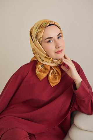 Twill İpek Eşarp Şal Desen Koyu Turuncu 90x90 - Twill İpek Eşarp - | Silk Home