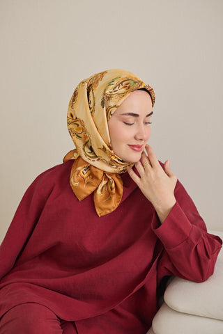Twill İpek Eşarp Şal Desen Koyu Turuncu 90x90 - Twill İpek Eşarp - | Silk Home
