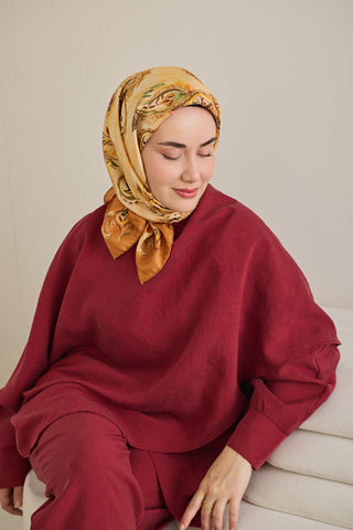 Twill İpek Eşarp Şal Desen Koyu Turuncu 90x90 - Twill İpek Eşarp - | Silk Home