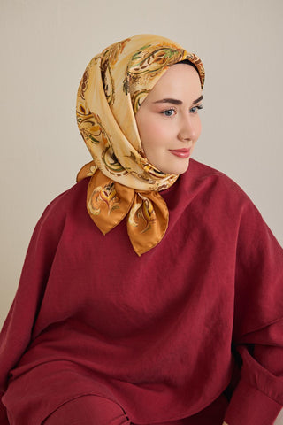 Twill İpek Eşarp Şal Desen Koyu Turuncu 90x90 - Twill İpek Eşarp - | Silk Home