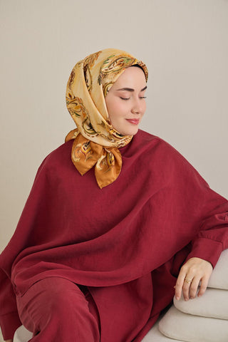 Twill İpek Eşarp Şal Desen Koyu Turuncu 90x90 - Twill İpek Eşarp - | Silk Home