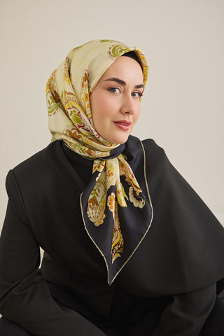 Twill İpek Eşarp Şal Desen Pastel Yeşil 90x90 - Twill İpek Eşarp - | Silk Home