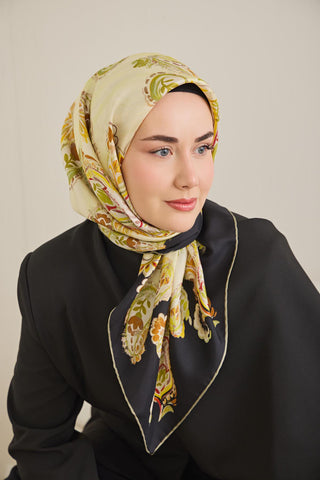Twill İpek Eşarp Şal Desen Pastel Yeşil 90x90 - Twill İpek Eşarp - | Silk Home